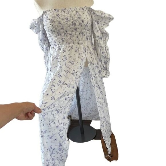 Reformation Midi Dress Smocked Puff Sleeves White Linen Floral Long Slit Medium - Picture 7 of 15